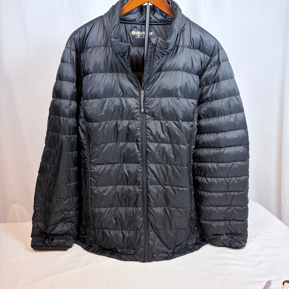 Heat Keep Black Down Puffer Jacket Mens 3X Full Zip Quilted Lightweight Coat